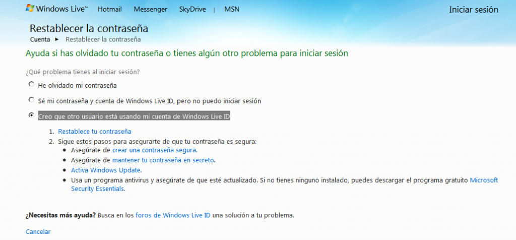 Recuperar una cuenta de Hotmail 2