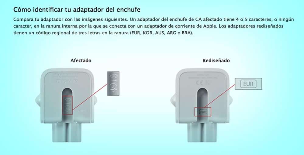 Adaptador de corriente de Apple afectado
